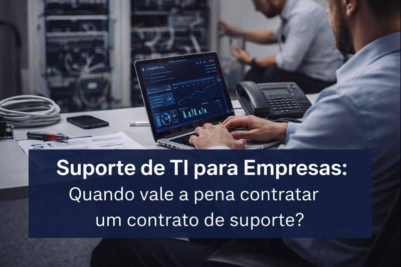 Equipe de suporte de TI para empresas analisando sistemas em um ambiente corporativo.