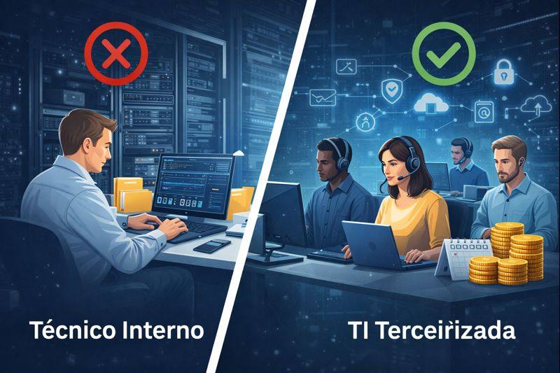 Gráfico comparativo mostrando custos de terceirização de TI versus manutenção de técnico interno.