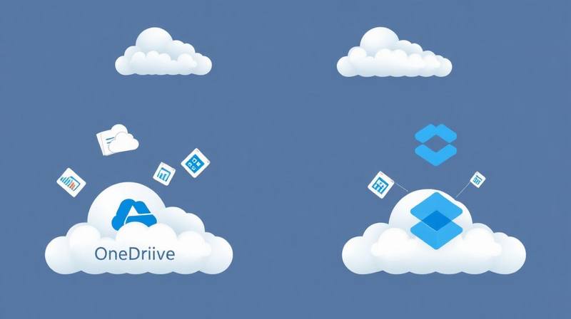 Pessoas trabalhando em computadores e tablets, com ícones do OneDrive, Google Drive e Dropbox flutuando, simbolizando armazenamento em nuvem para empresas.