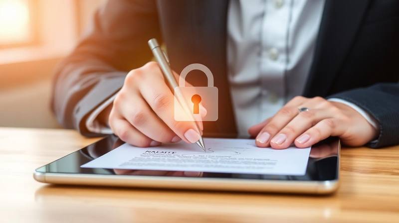 Empresário utilizando notebook e tablet para assinar documentos digitalmente com certificado digital, ao fundo skyline de São Paulo