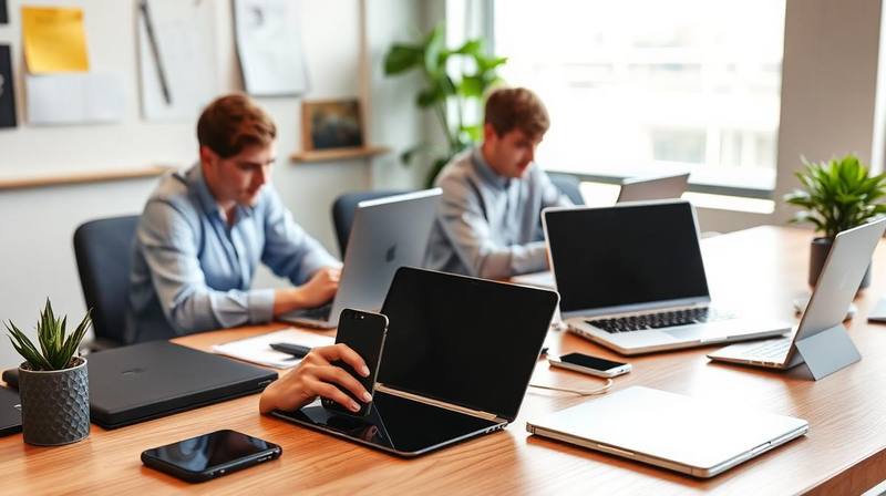 Homem e mulher utilizando notebooks em um ambiente de trabalho moderno, simbolizando o uso de dispositivos pessoais na empresa (BYOD).