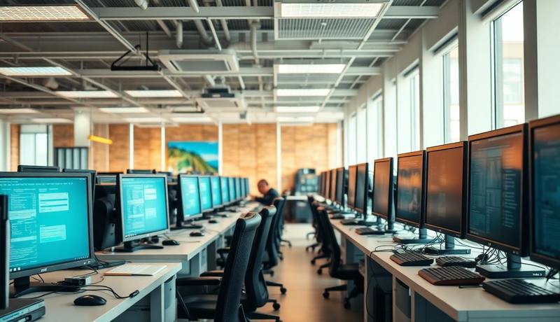 Equipe de TI trabalhando em escritório com 20 computadores modernos em São Paulo