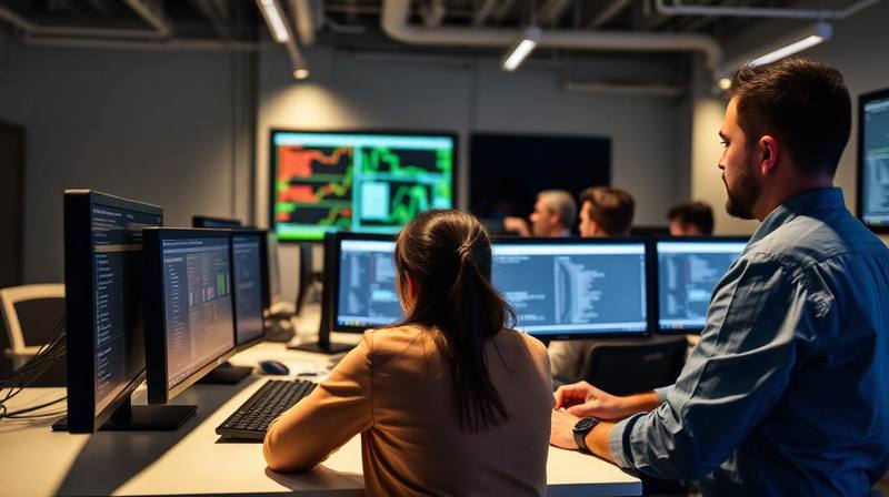 Equipe da UTI da Informática analisando dados de simulação de Disaster Recovery em computadores