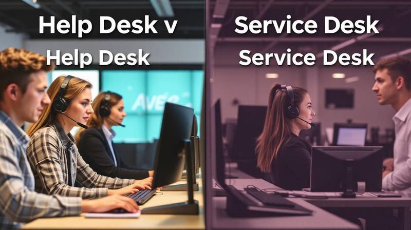 Comparativo gráfico entre Help Desk e Service Desk, com ícones representando reatividade (Help Desk) e proatividade/gestão de serviços (Service Desk), ideal para uma PME em São Paulo.