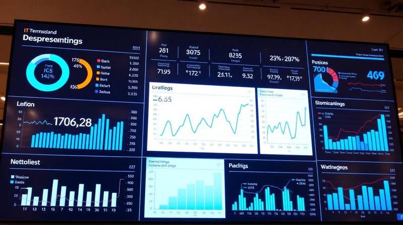 Homem analisando um dashboard de KPIs de TI com gráficos e dados para medir o desempenho de tecnologia.