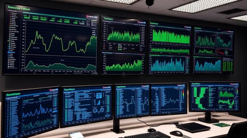 Equipe de TI analisando gráficos de monitoramento de rede em um escritório moderno em São Paulo, simbolizando visibilidade e controle da infraestrutura.
