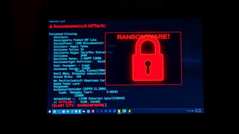 Uma imagem abstrata de um cadeado digital com um escudo, simbolizando a proteção de dados frente a ataques de ransomware, com elementos de rede ao fundo.