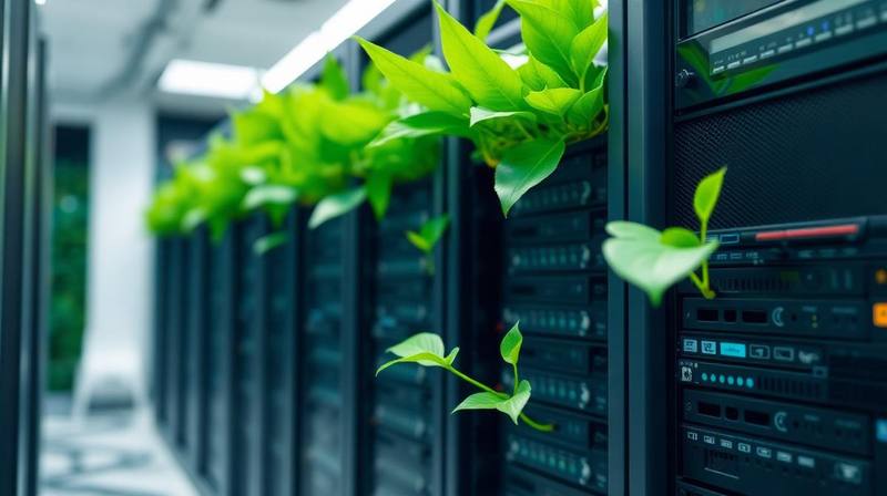Infográfico com ícones representando TI verde, sustentabilidade, economia de energia e redução de lixo eletrônico, com fundo tecnológico e florestal, ideal para artigo sobre TI verde sustentável.