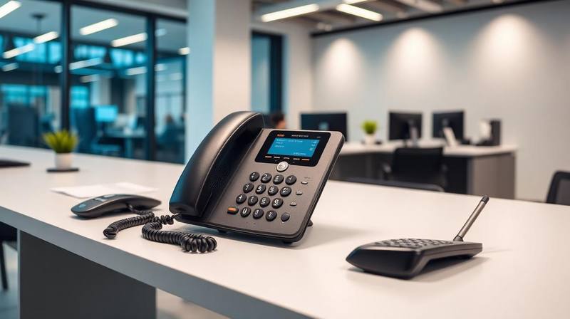Homem de negócios com fone de ouvido conectado ao laptop, simbolizando comunicação VoIP corporativa e telefonia pela internet, com gráficos de redes ao fundo